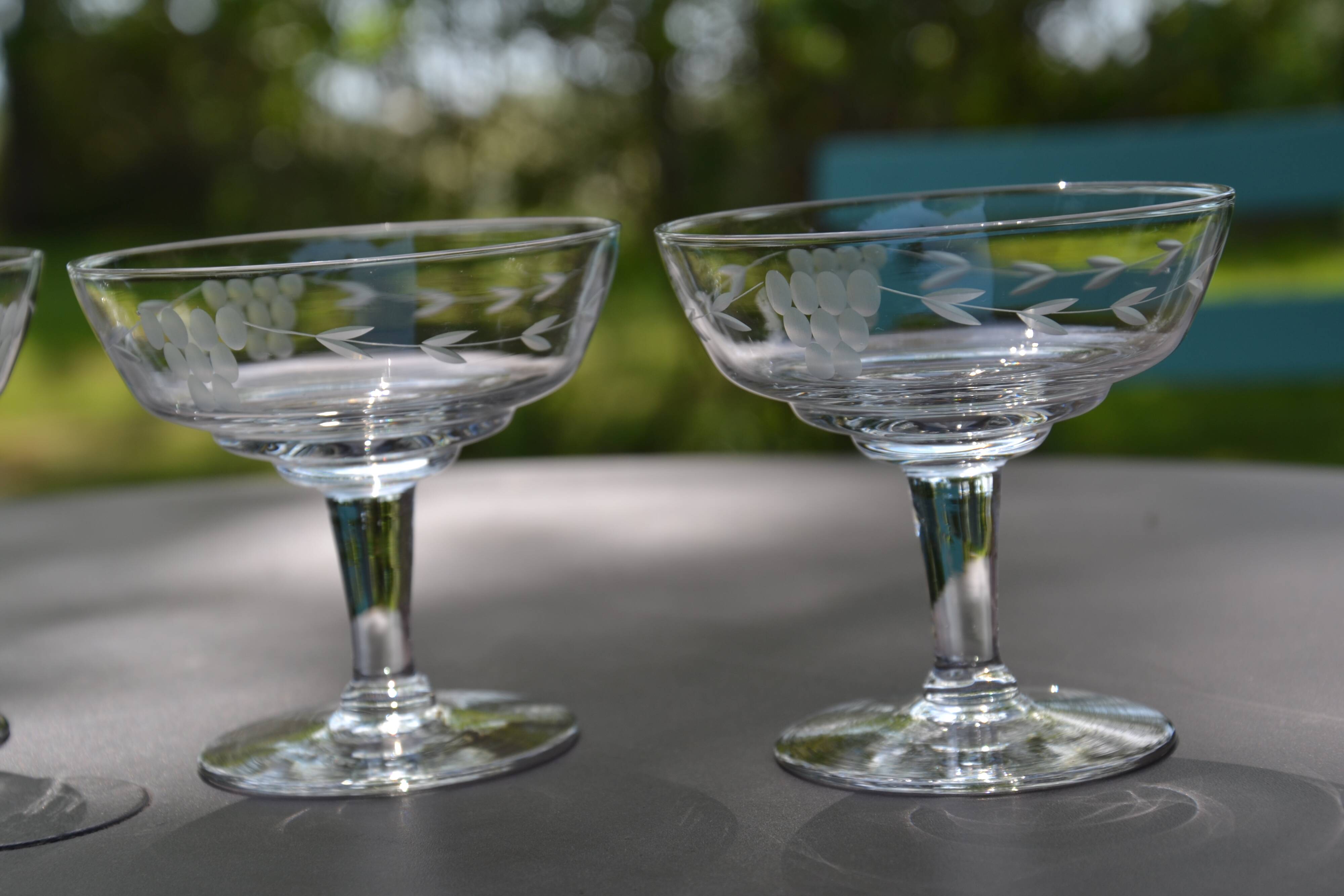 4 original antique champagne glasses in Belgian engraved glass