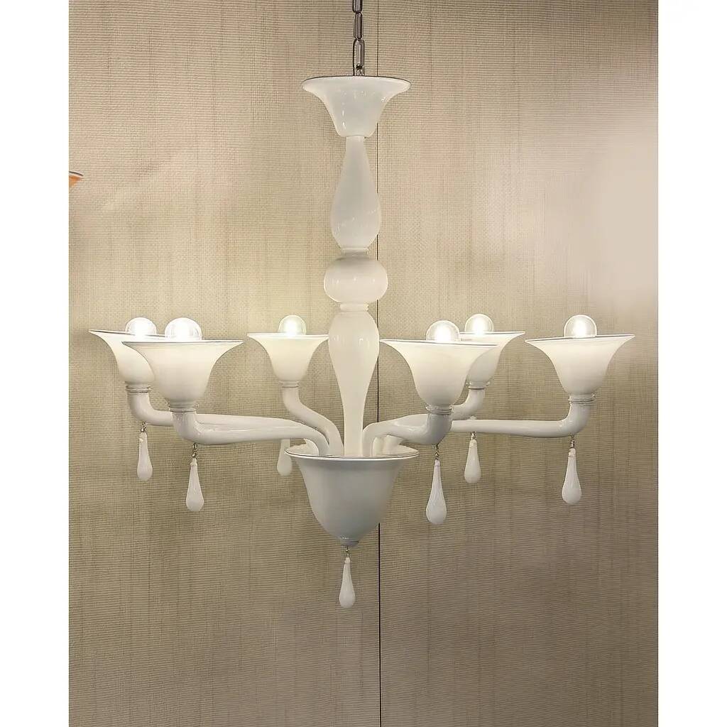 Contemporary Italian 6-Arm White Murano Glass Chandelier