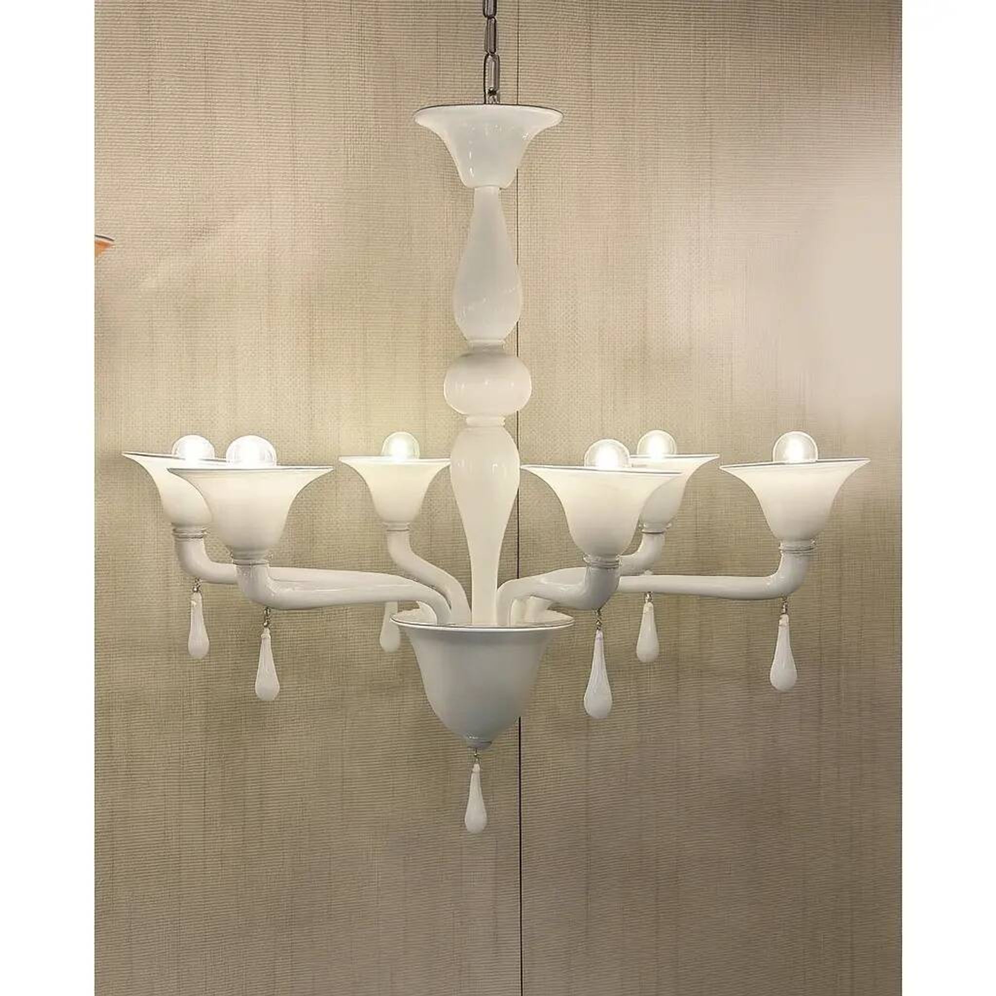 Contemporary Italian 6 Arms White Murano Glass Chandelier