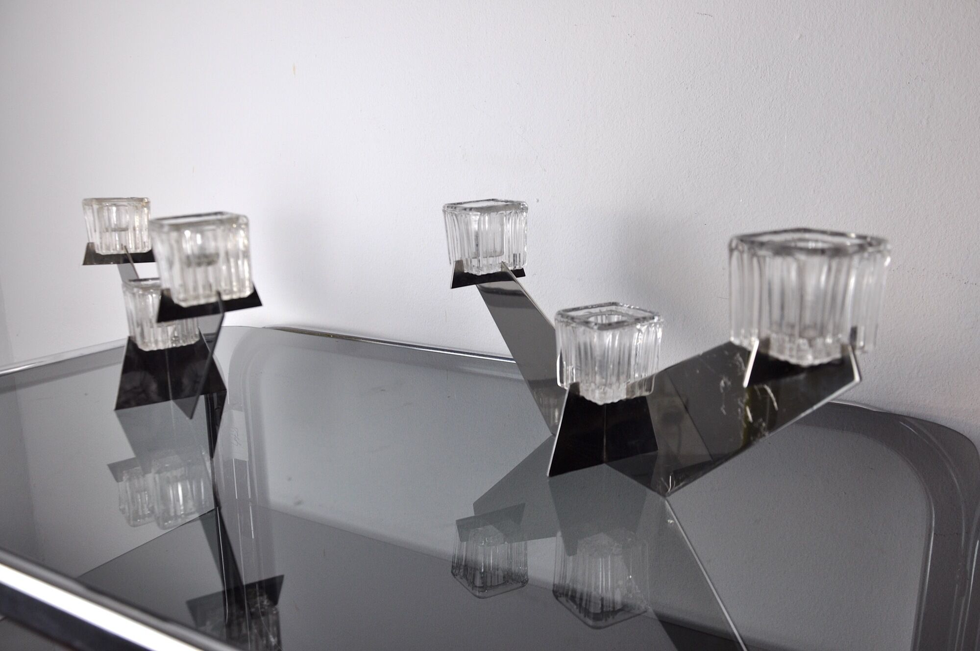 Pair of Peill & Putzler candlesticks, glass and metal, Germany, 1970