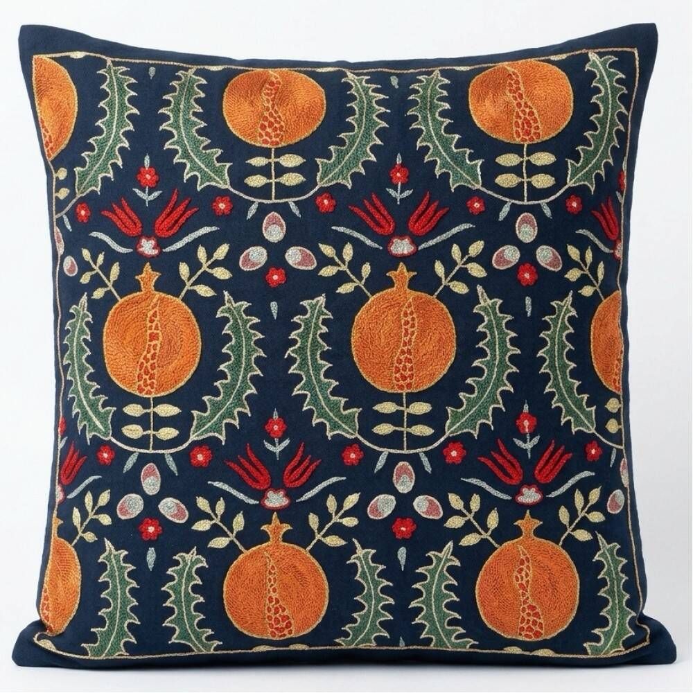 Silk Embroidered Pomegranate Design Cushion Cover. Navy Blue Throw Pillow Case. Traditional Accent Pillow