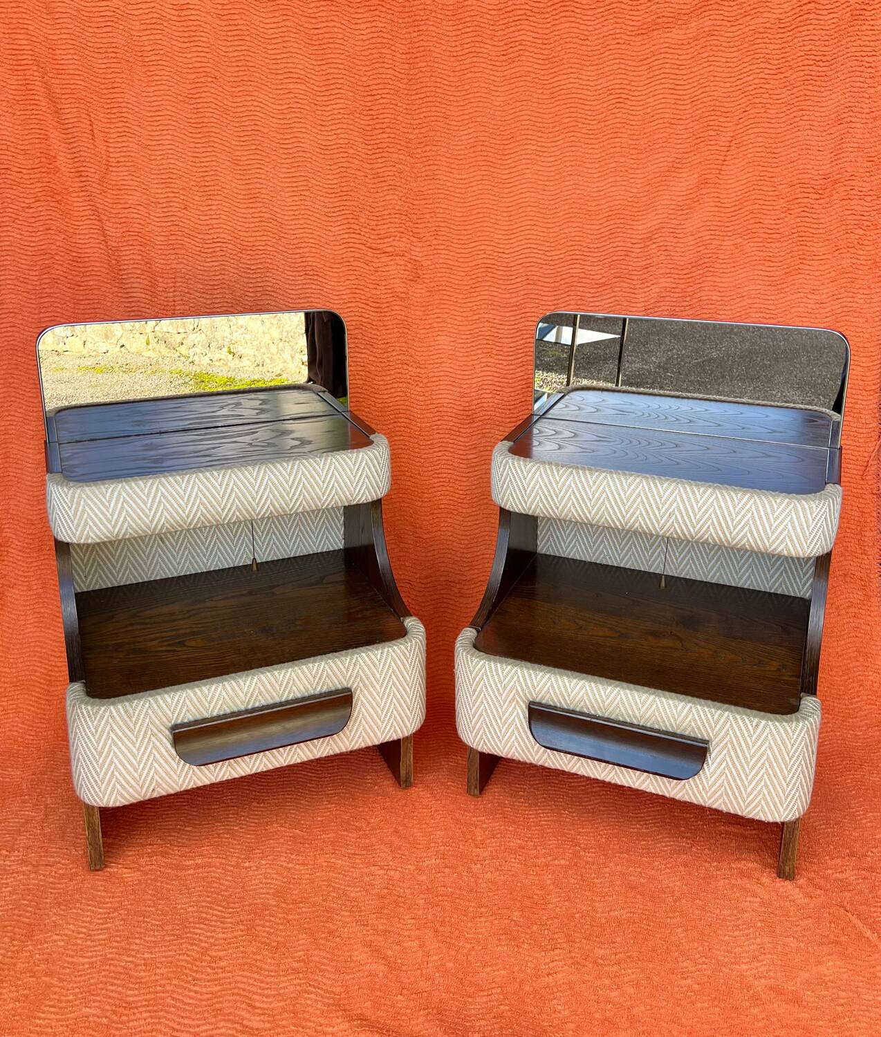 SET OF 2 VINTAGE 1970S NIGHTSTANDS/SOFA ENDS IN WOOD AND FABRIC