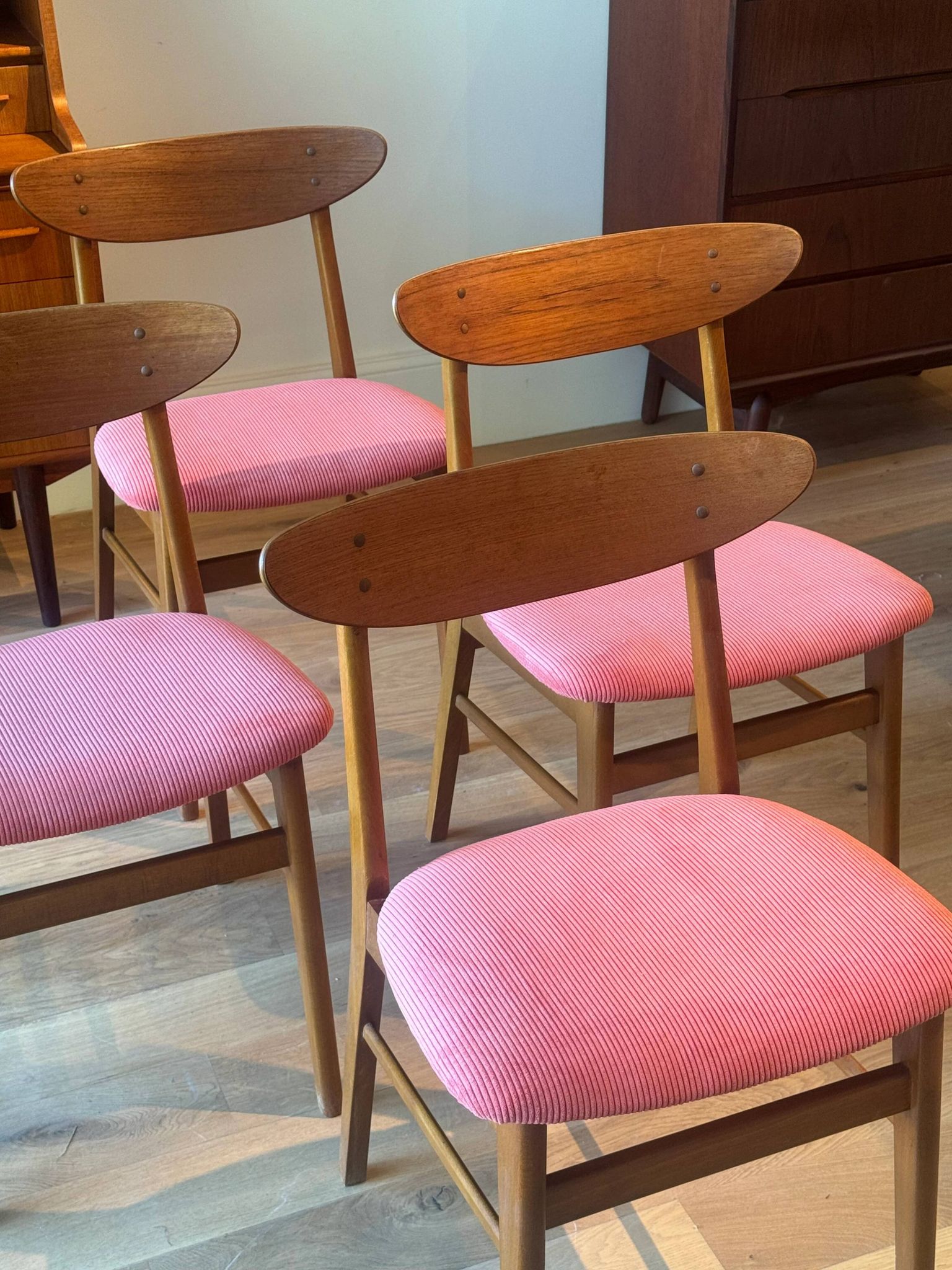 Vintage Farstrup 210 Scandinavian chairs in stained beech and teak.