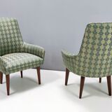 Green fabric and beech armchairs, italy
