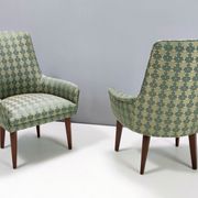 Green fabric and beech armchairs, italy