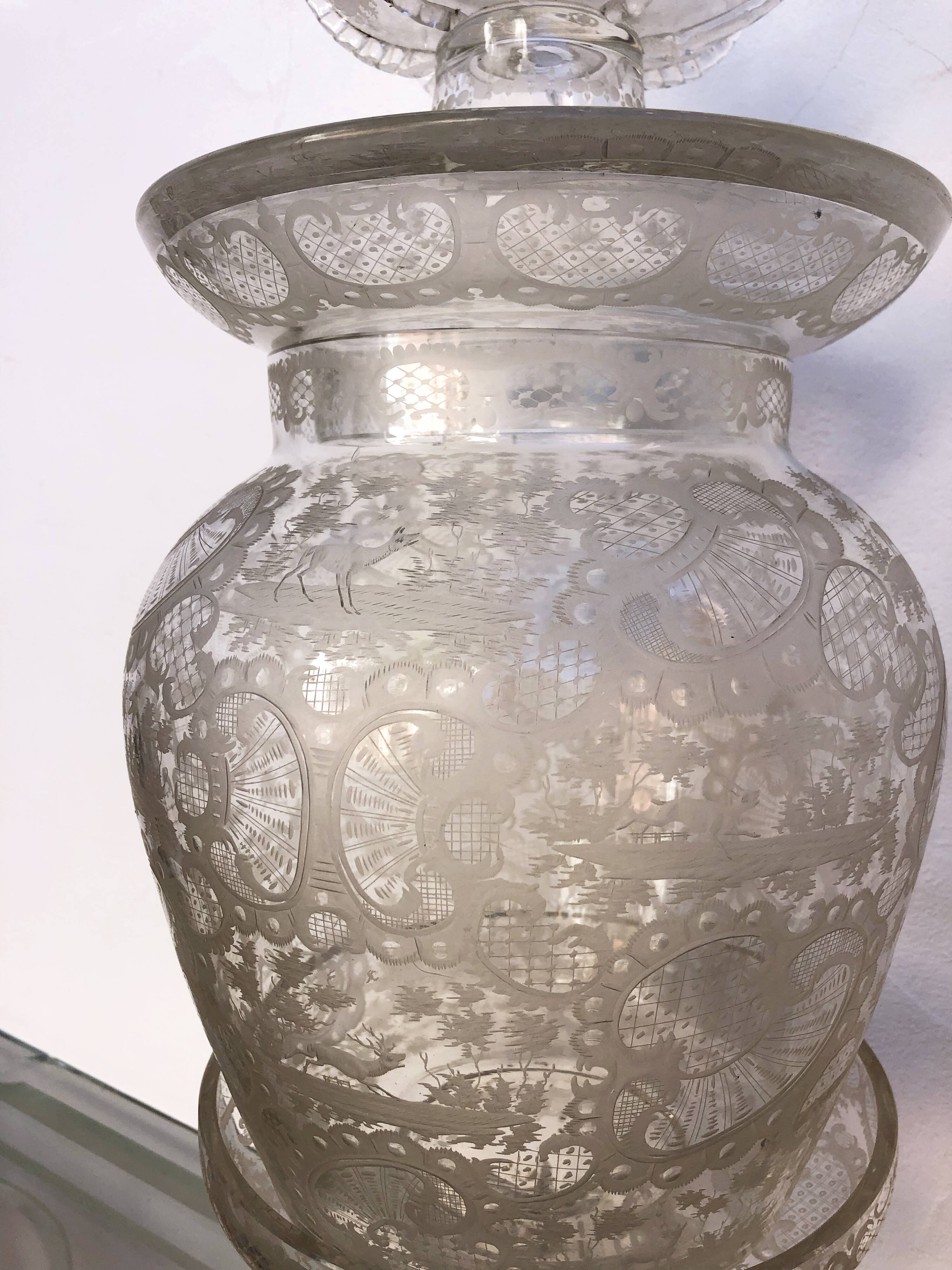 Very large glass punch vase engraved on pedestal, eighteenth