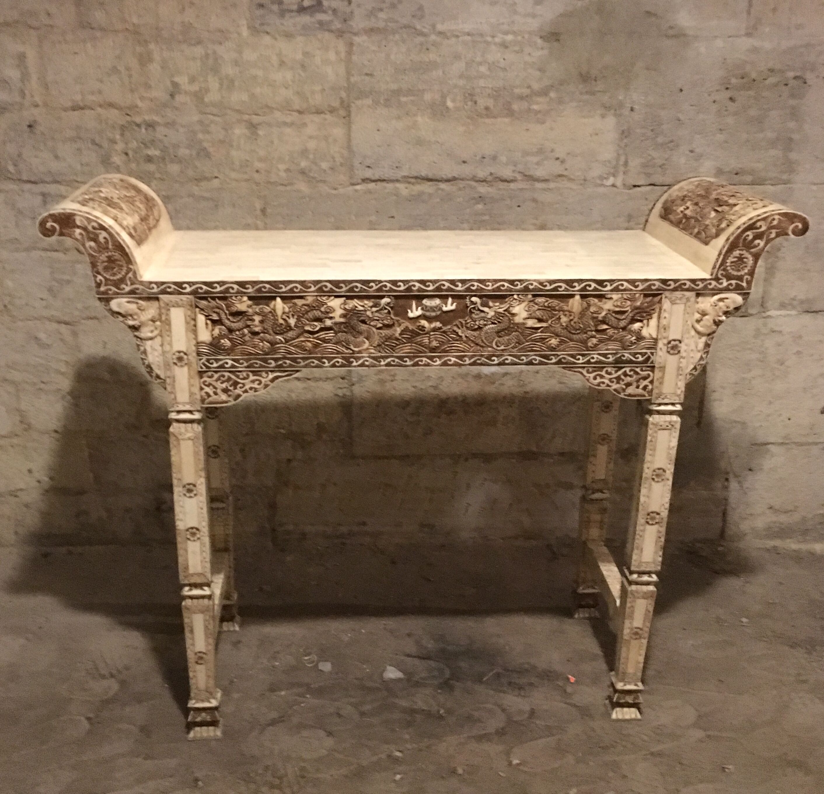 Console carved in wood and white bone