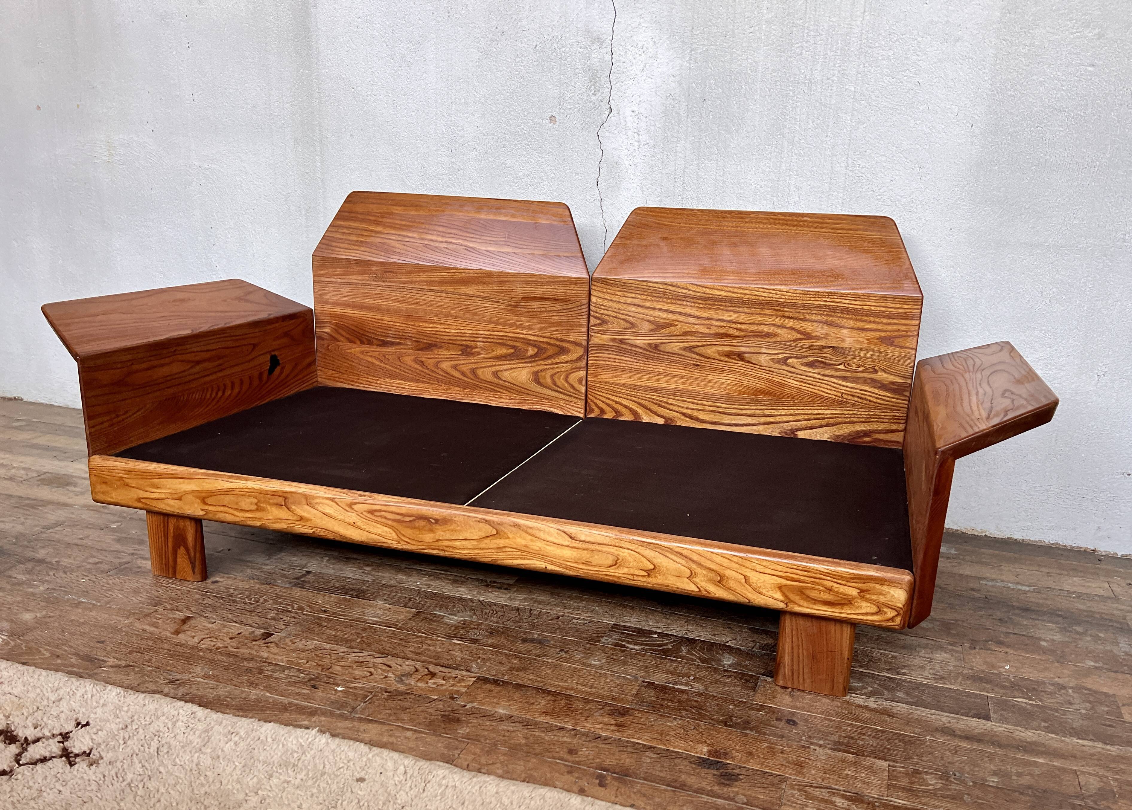 Canape seltz elm and leather design 1960