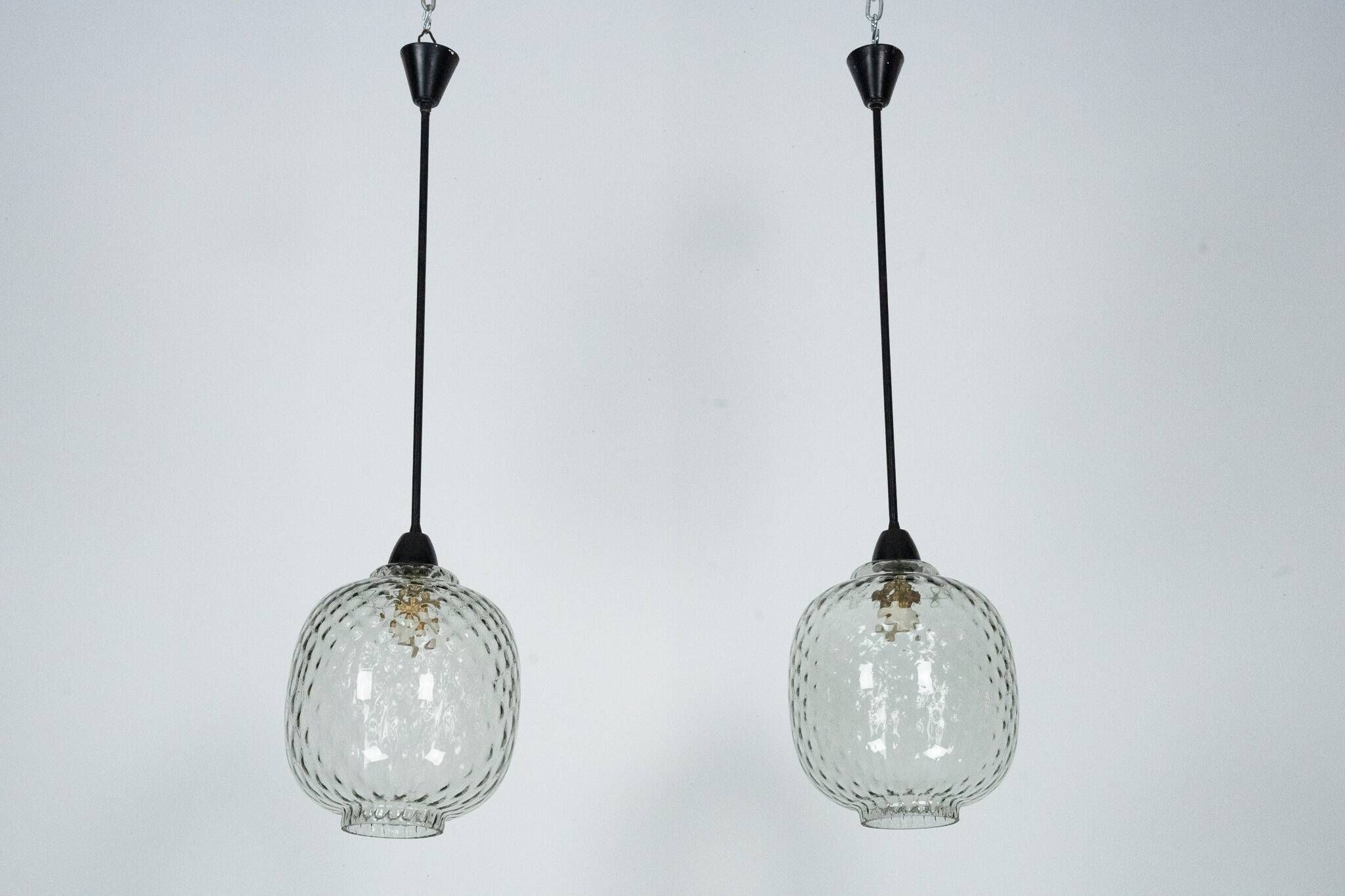 Pair of Mid-Century pendant lamps in smoked Murano glass, Italy, 1950s