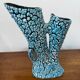 Large sculptural ceramic vase with textured turquoise blue and black glaze – Double horn – H. 31 cm