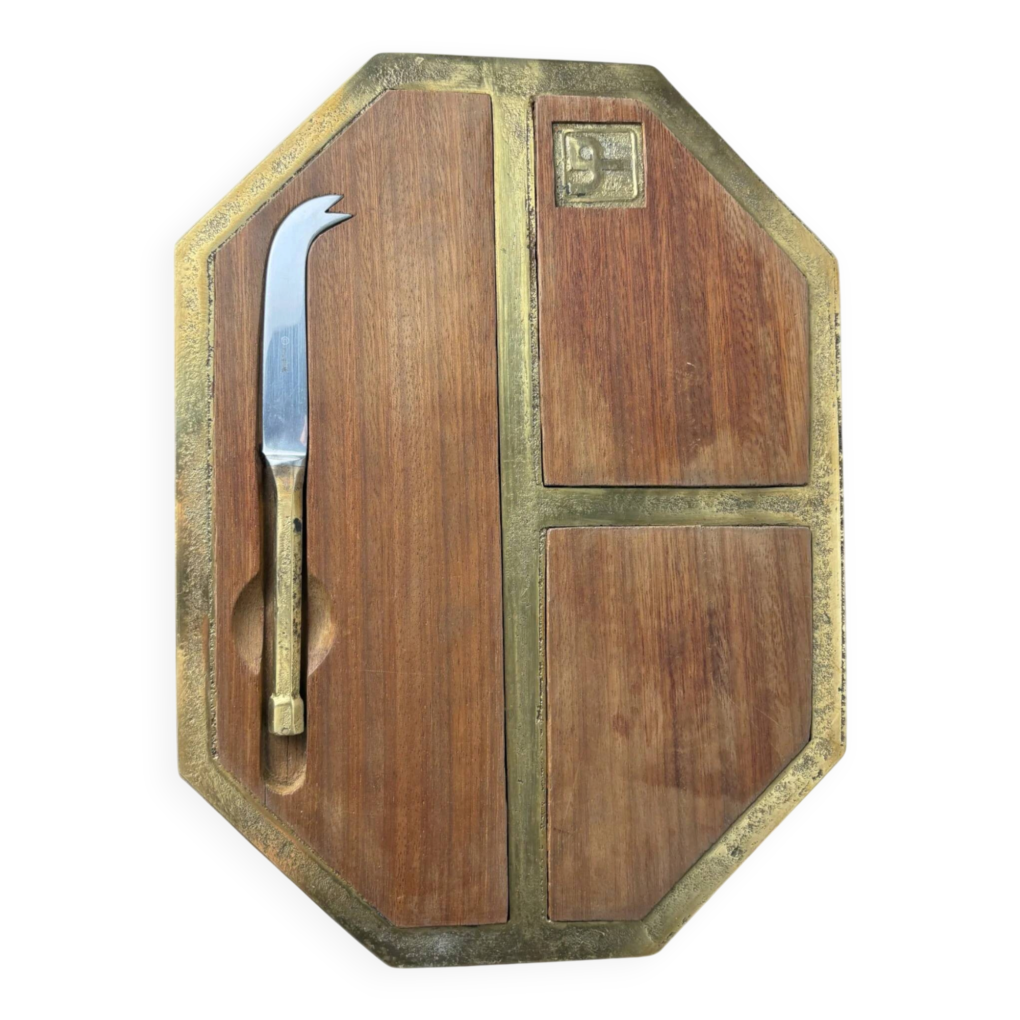 Brutalist cheese tray by David Marshall, wood & bronze, Spain, 1970s