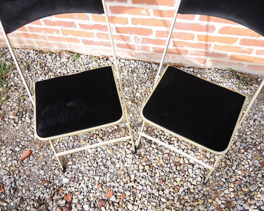 2 Antique Brass & Black Velvet Folding Chairs