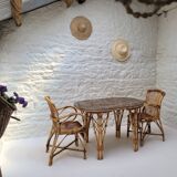 Audoux Minet duo table with bamboo rattan and smoked glass armchairs