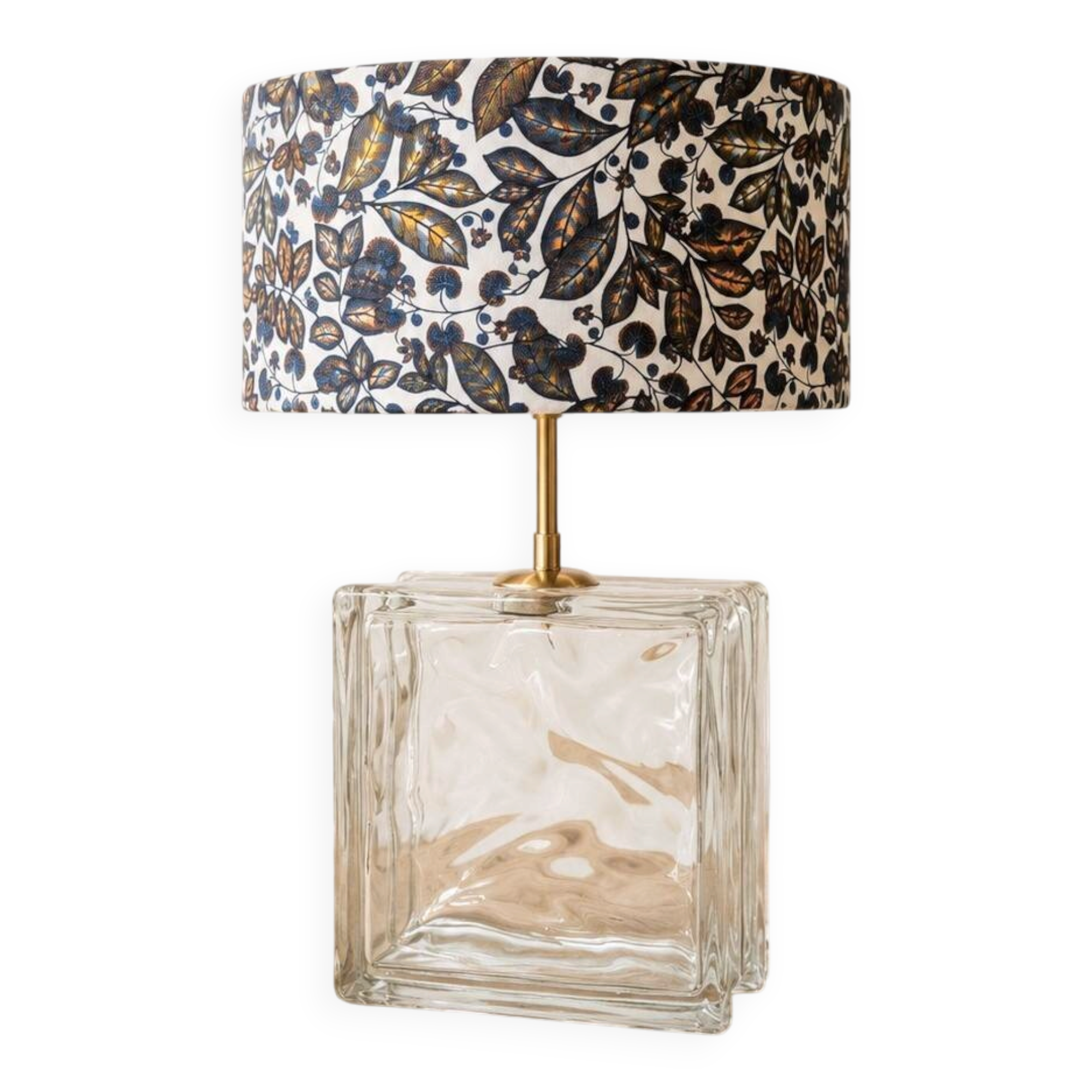 Vintage lamp with glass block and blue floral shade