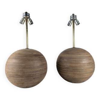 Pair of Large Table Lamps in Laminated Wood and Brass, 1960s