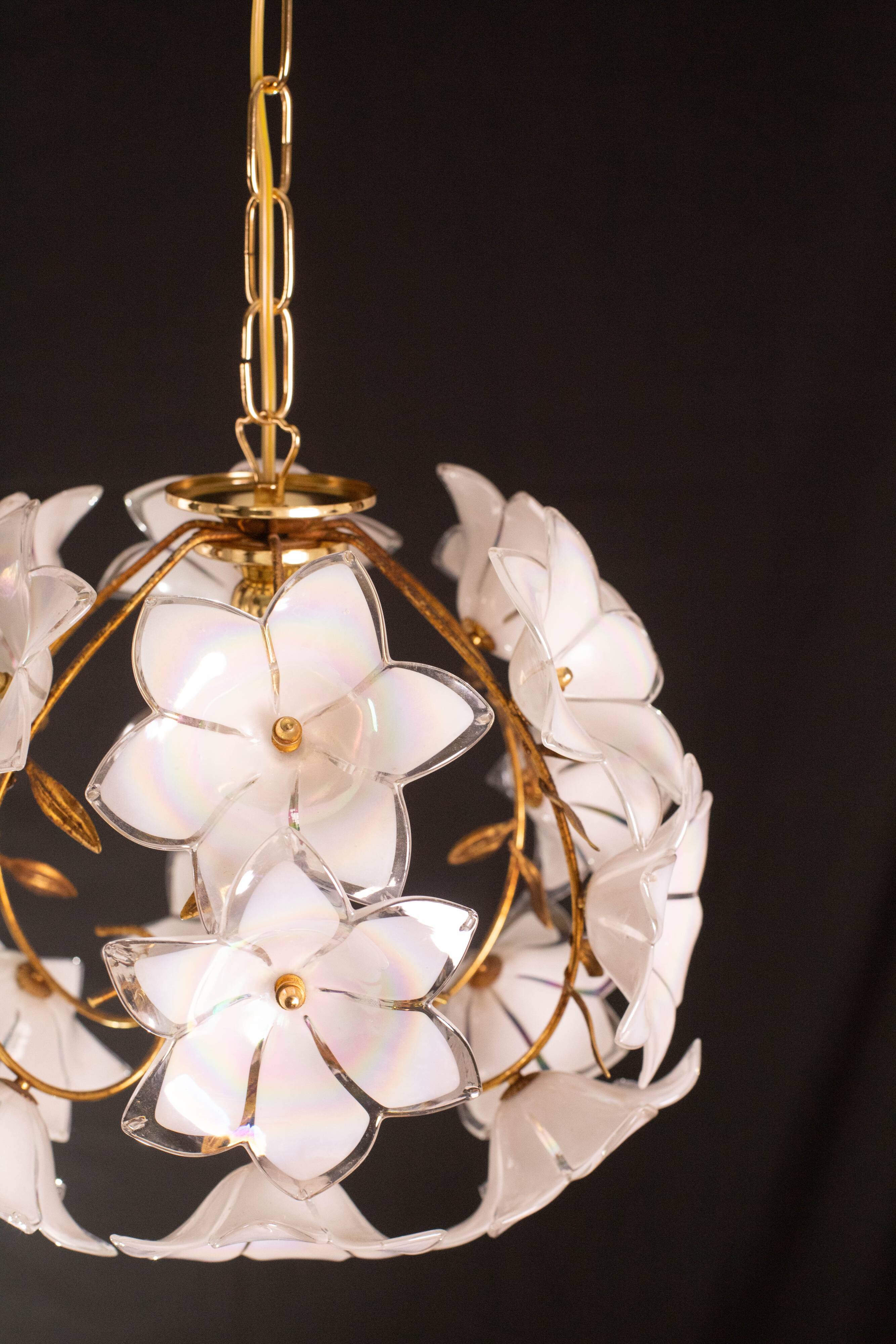 Set of 2 Murano Spherical Chandelier Full of White Flowers, 1980s