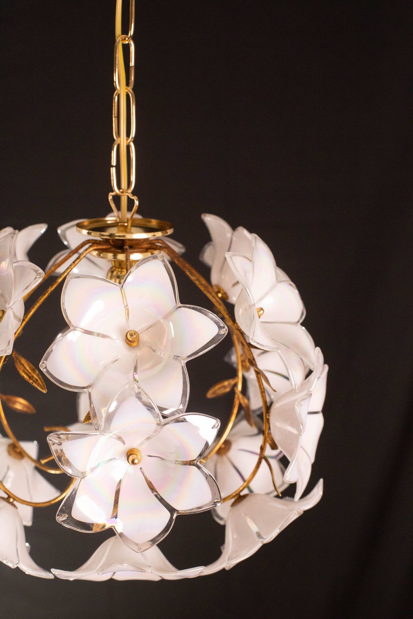 Set of 2 Murano Spherical Chandelier Full of White Flowers, 1980s
