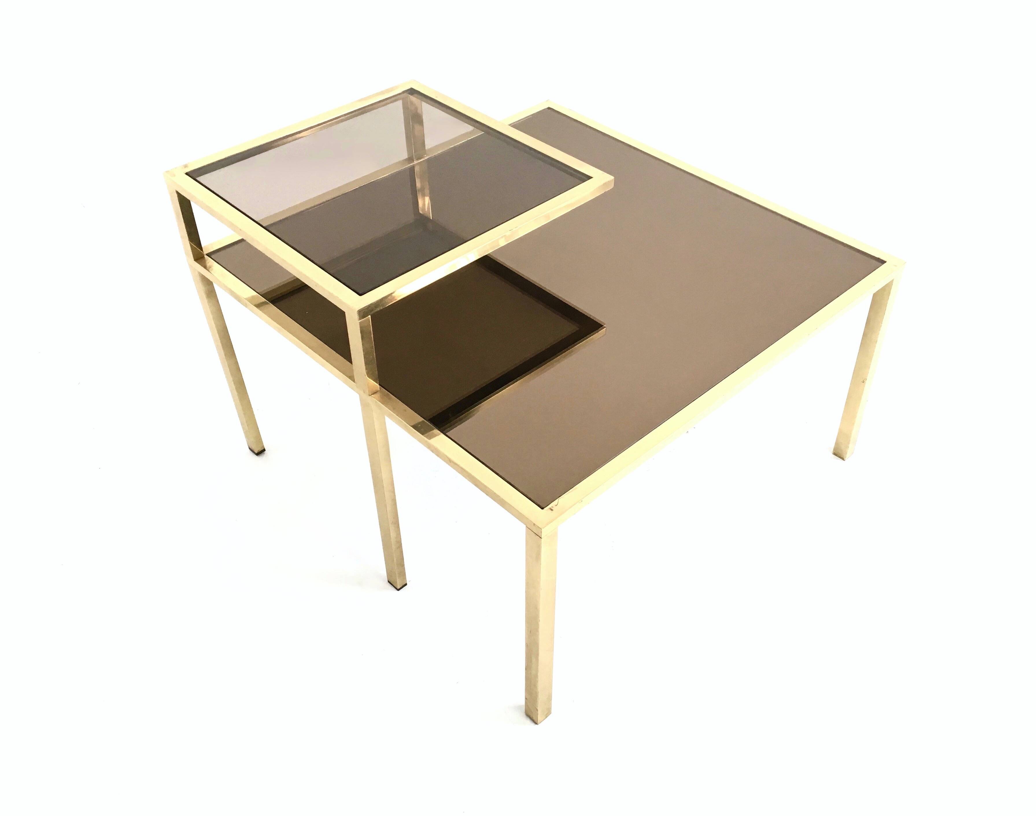 Square Brass Coffee Table with Glass Shelf and Mirrored Top, Italy
