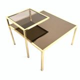Square Brass Coffee Table with Glass Shelf and Mirrored Top, Italy