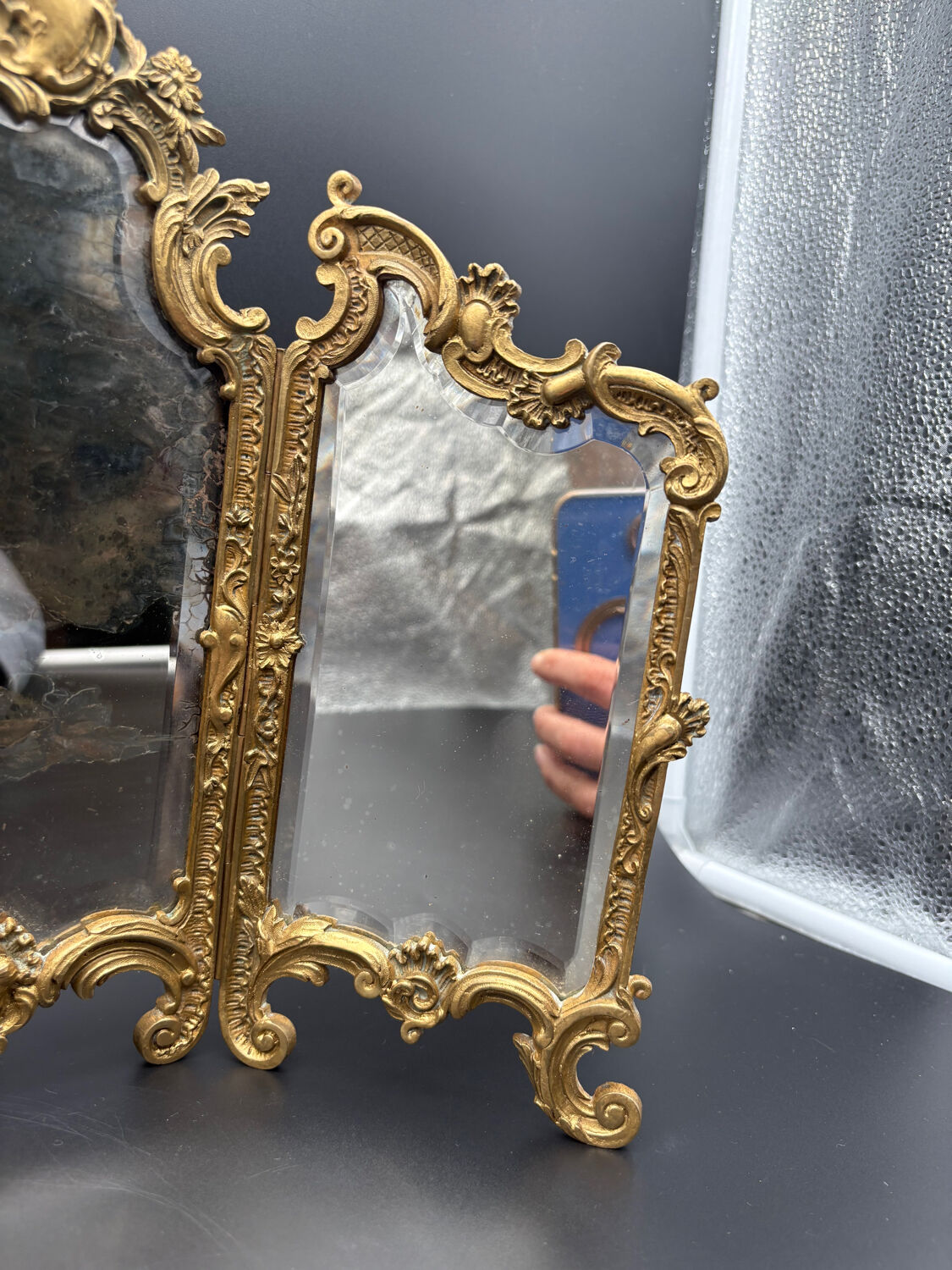 Miroir Triptyque, Bronze Doré, vers 1900.