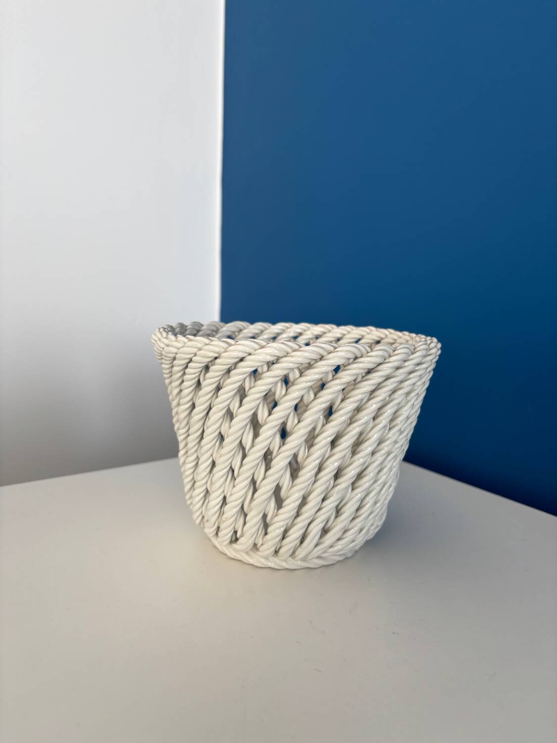 white openwork woven ceramic planter - elegant plant pot