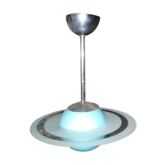 Lustre opaline bleu et disque verre translucide et sablé et monture acier chromé vers 1930