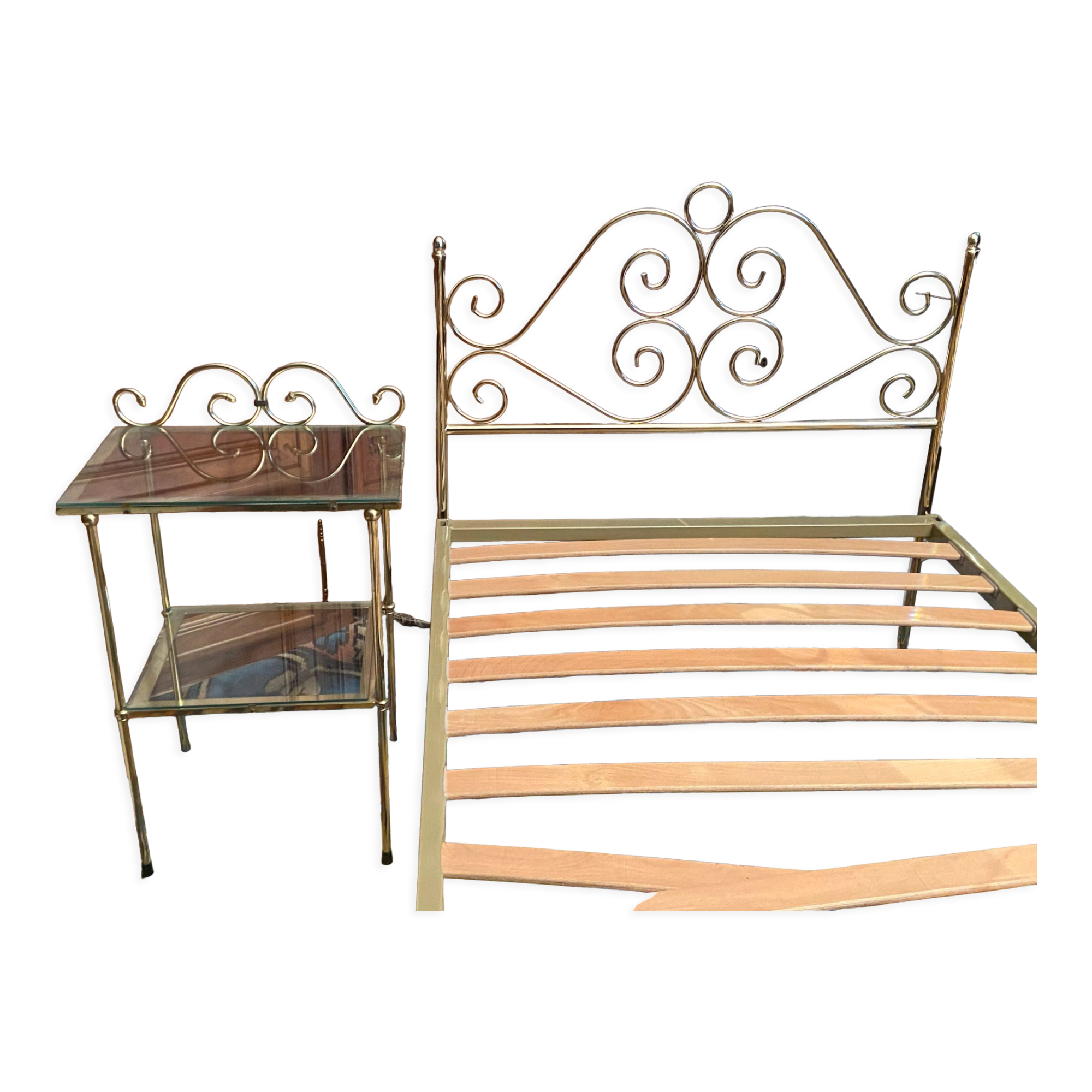 Romantic style single bed in brass with bedside table