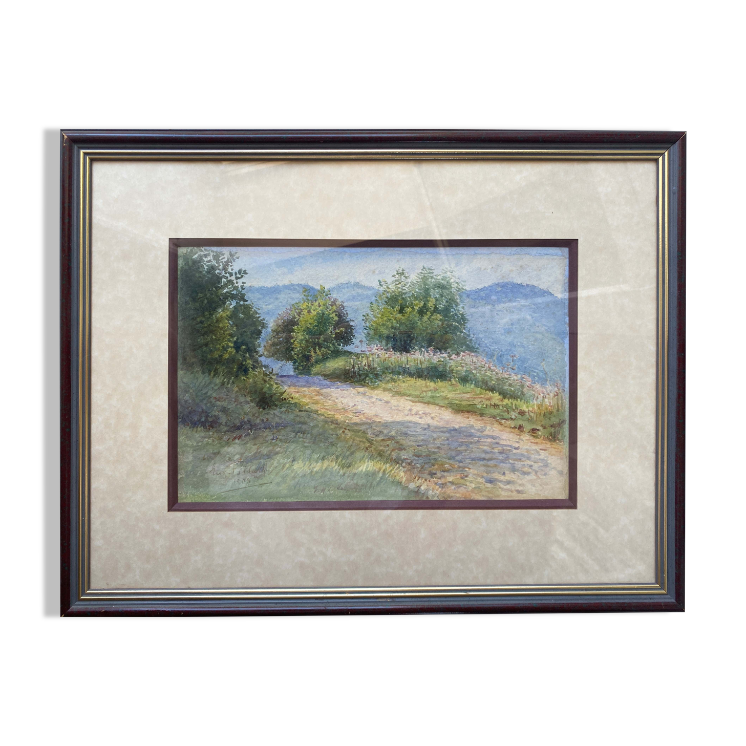 Aquarelle Eugène Pillard "Chemin de campagne" 1908