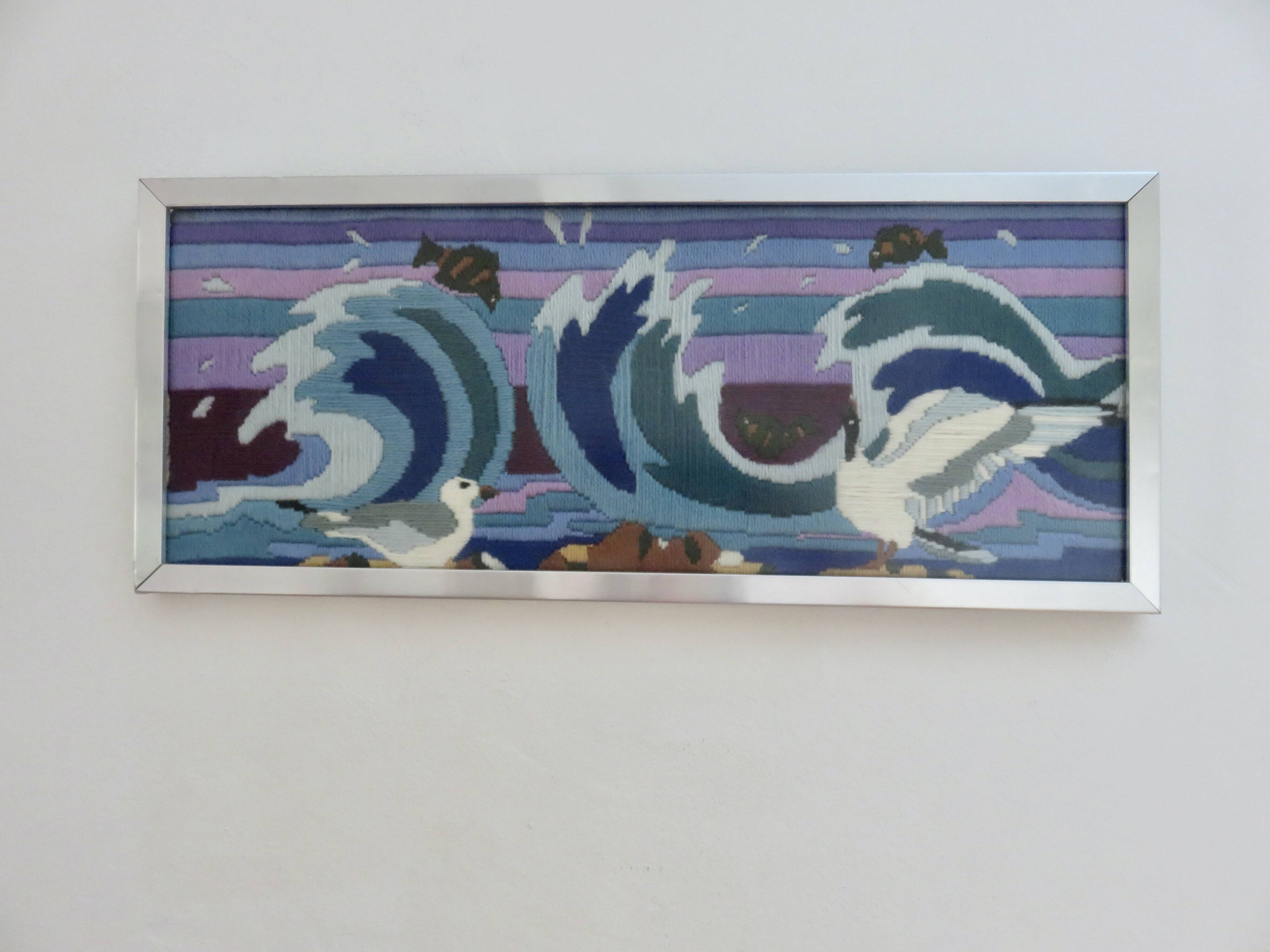 Futuristic tapestry, made of wool, framed, seagulls, ocean, fish, 1970.