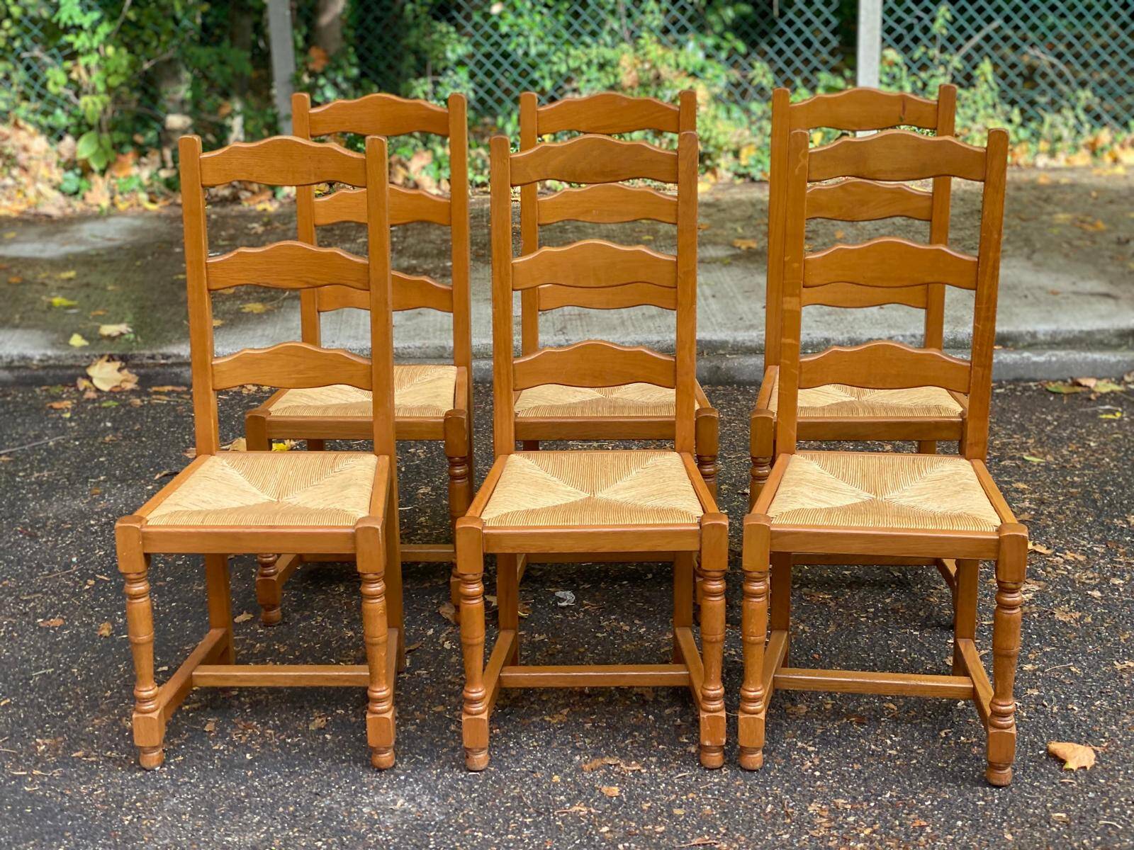 6 solid oak dining chairs with straw 105cm