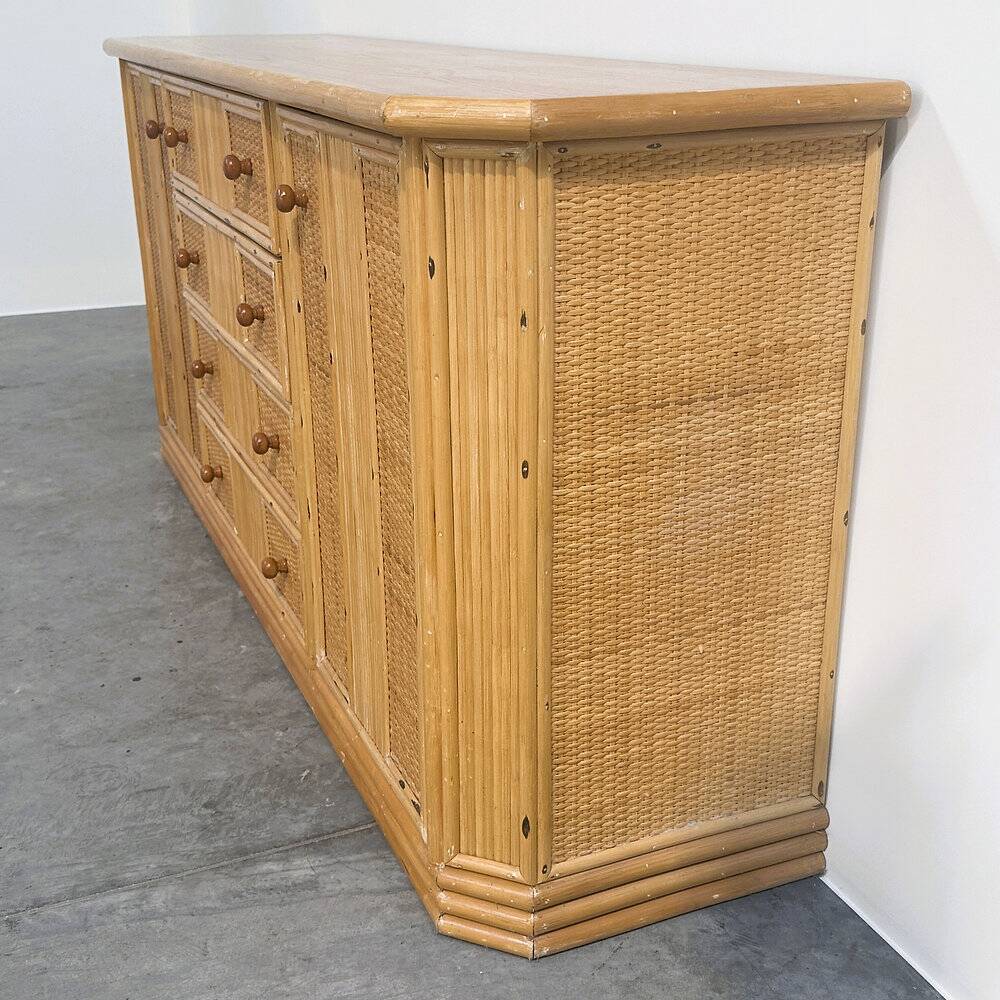 Large coastal rattan and bamboo sideboard credenza, 1980s