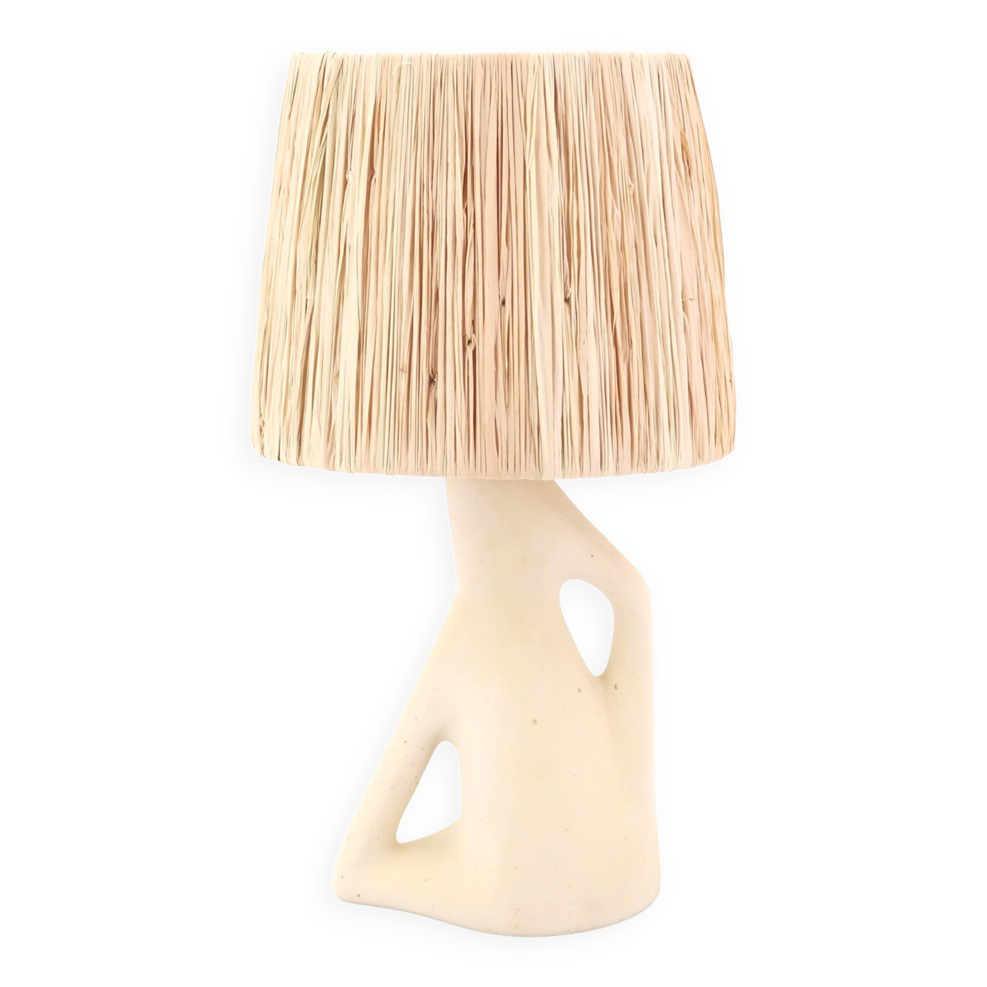 White ceramic lamp, raffia lampshade, 1950s