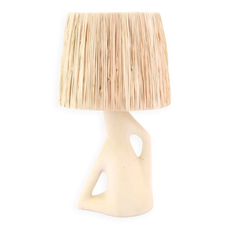 White ceramic lamp, raffia lampshade, 1950s