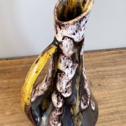 Fat lava style vase with handle, victory, purple, yellow & black drip glaze