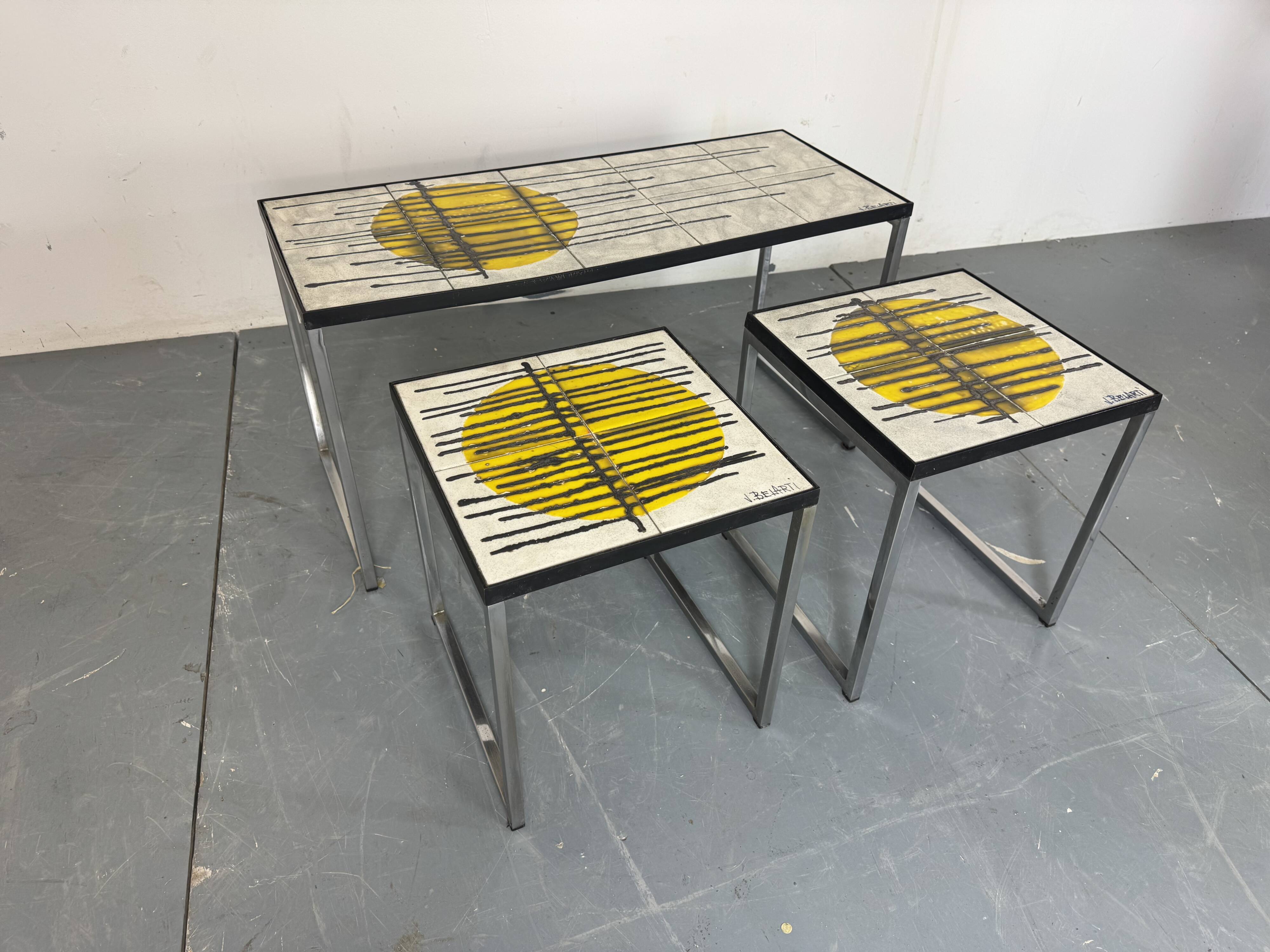 Mid Century Modernist Chrome and ceramic Belarti Coffee Side Table set 1950