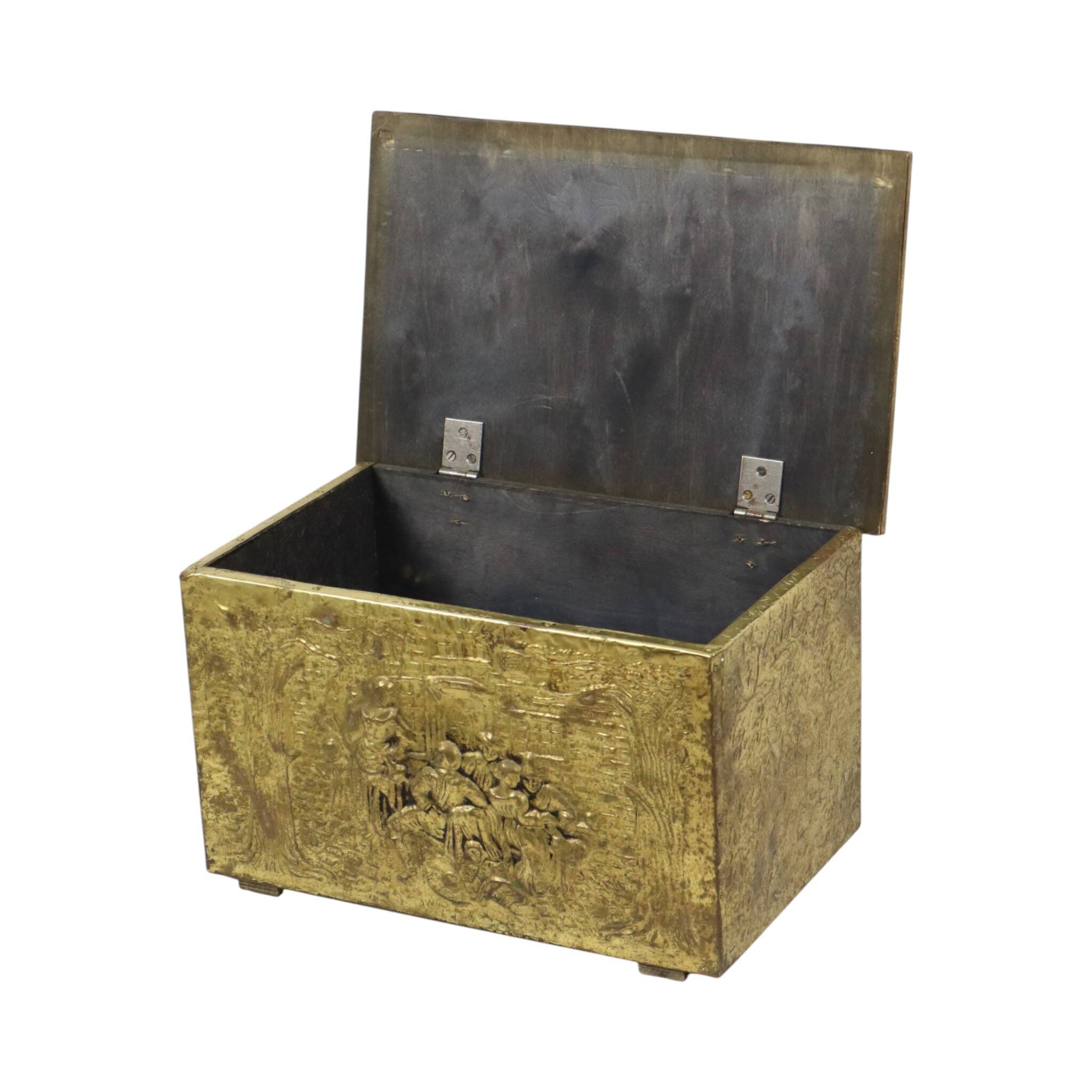 Large Repoussé Chest Coal Fireplace Brass Wood Early 20th Century
