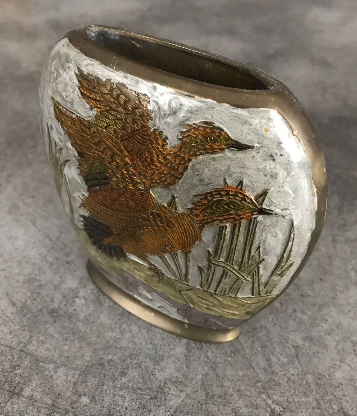 Vintage vase in enamelled brass decoration of duck flight 10.5 cm