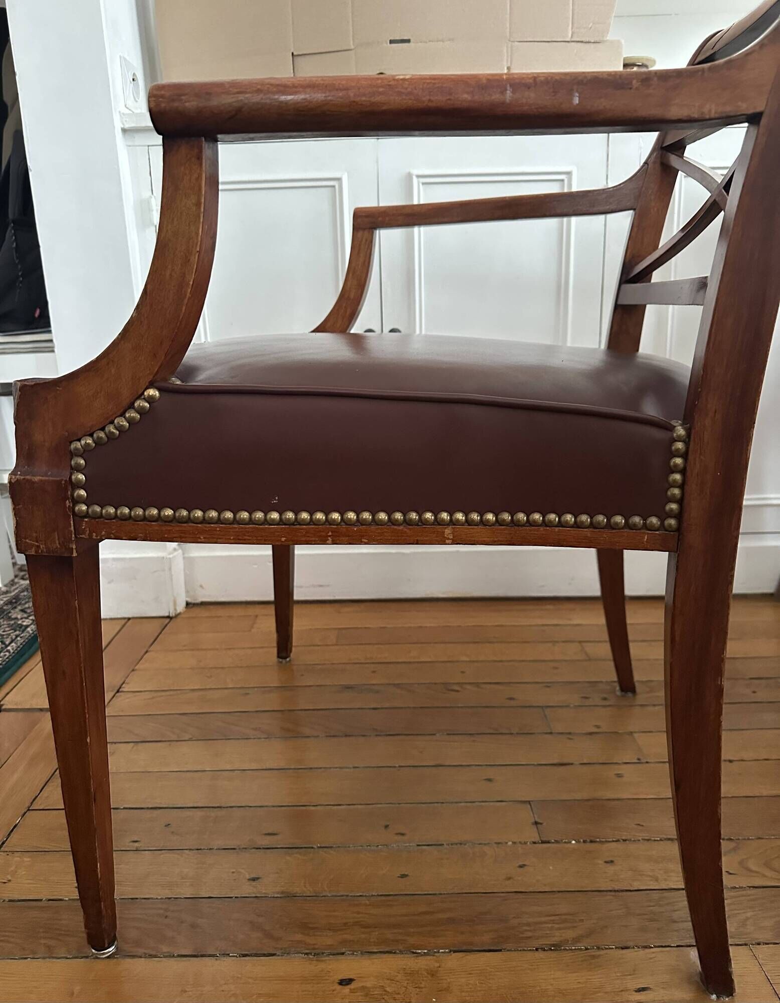 Pair of leather and wood bridge armchairs – Directoire style, 1940s
