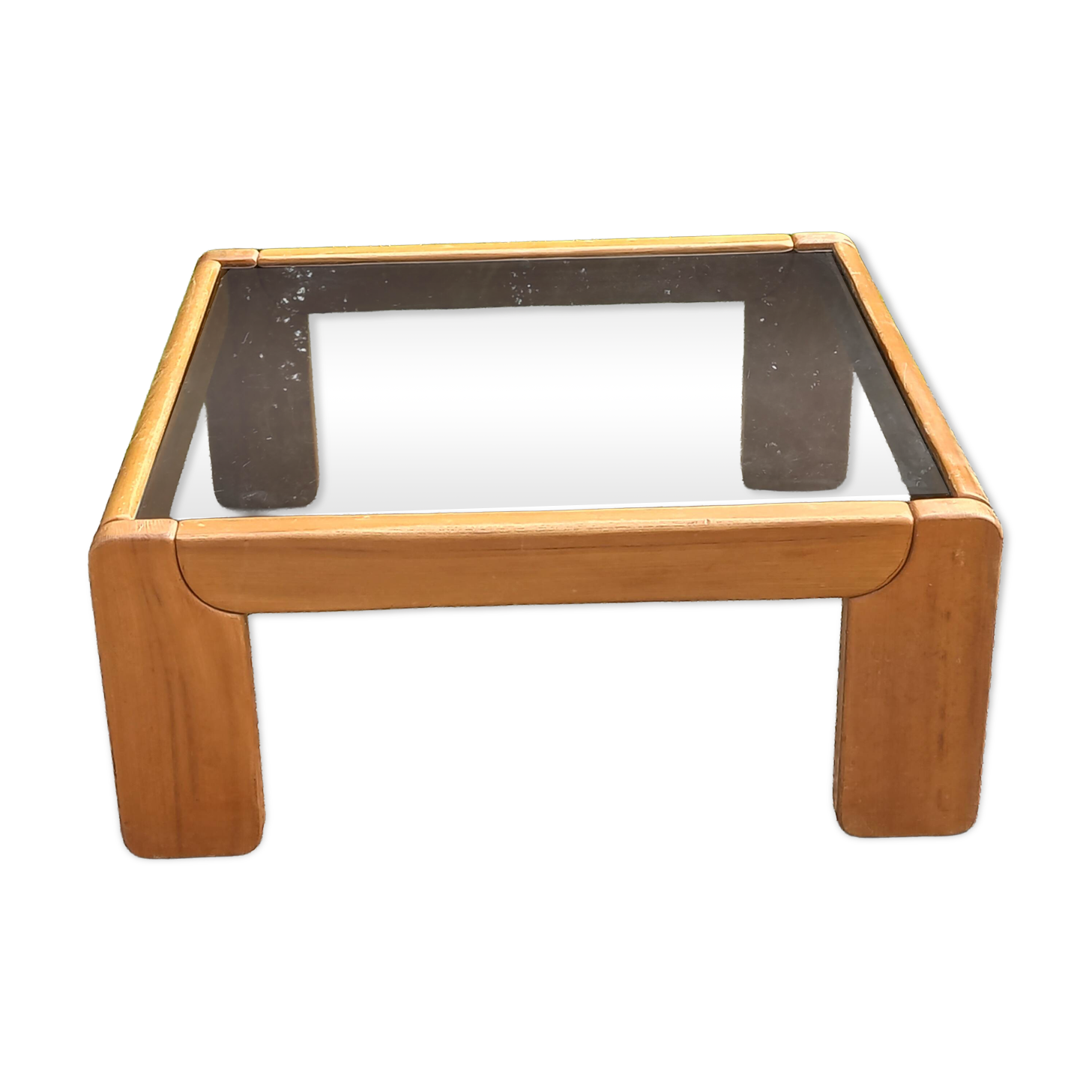 Coffee table from Regain in solid elm with a smoked glass top.