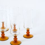 Set of 6 amber-footed champagne flutes, 1970