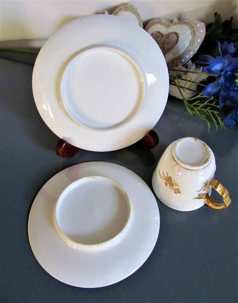 5 X Antique Limoges Porcelain Coffee Cups pairs Gold Ribbon Handle, 1890s