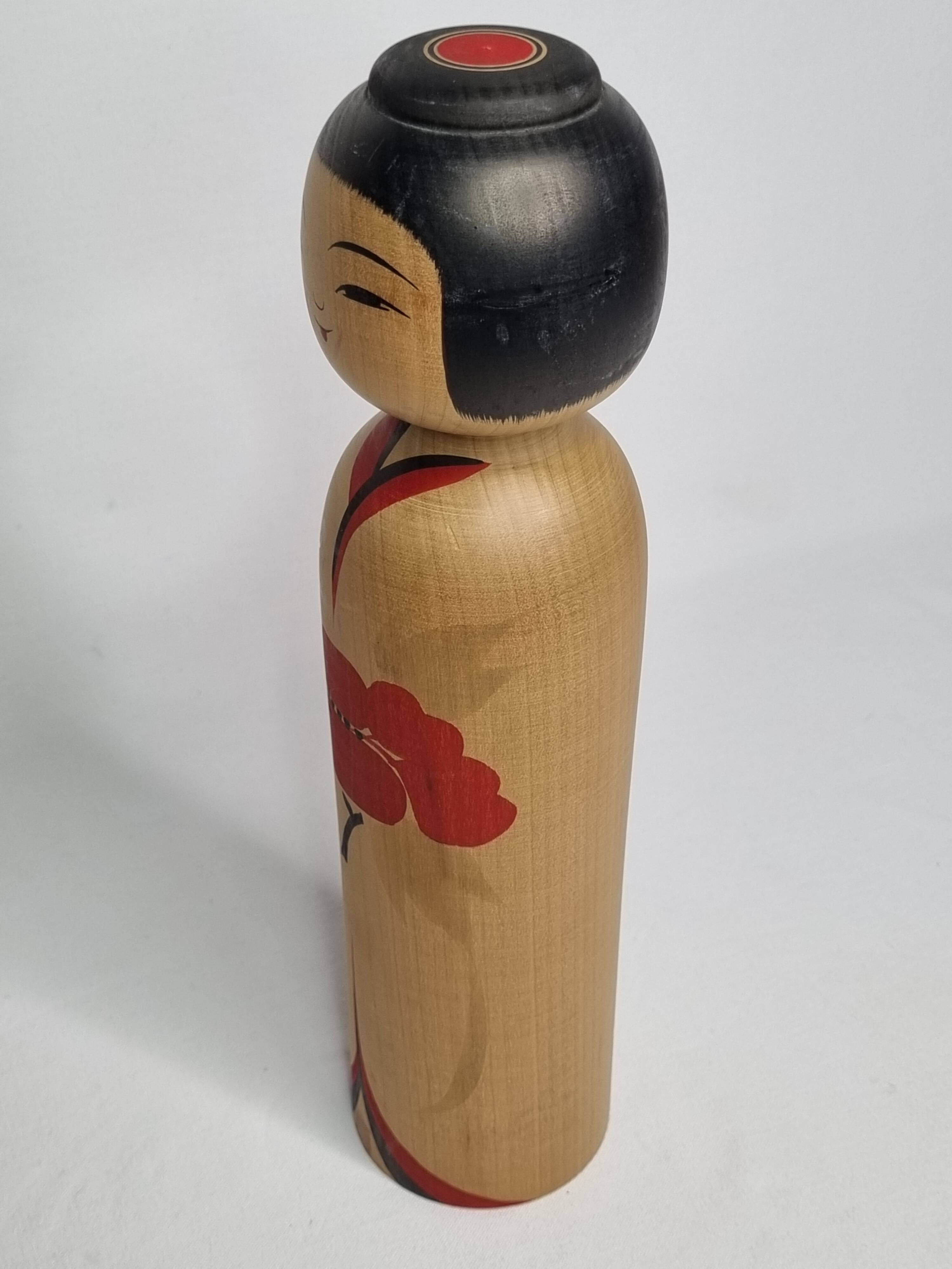Signed Japanese Kokeshi Doll, Modern Style, Hand Painted Minimalist Decor, 30cm