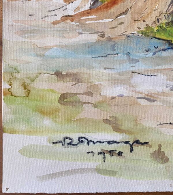 Tableau Aquarelle Bord de mer avec voilier signé daté de 1950 Pays Basque