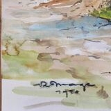 Tableau Aquarelle Bord de mer avec voilier signé daté de 1950 Pays Basque