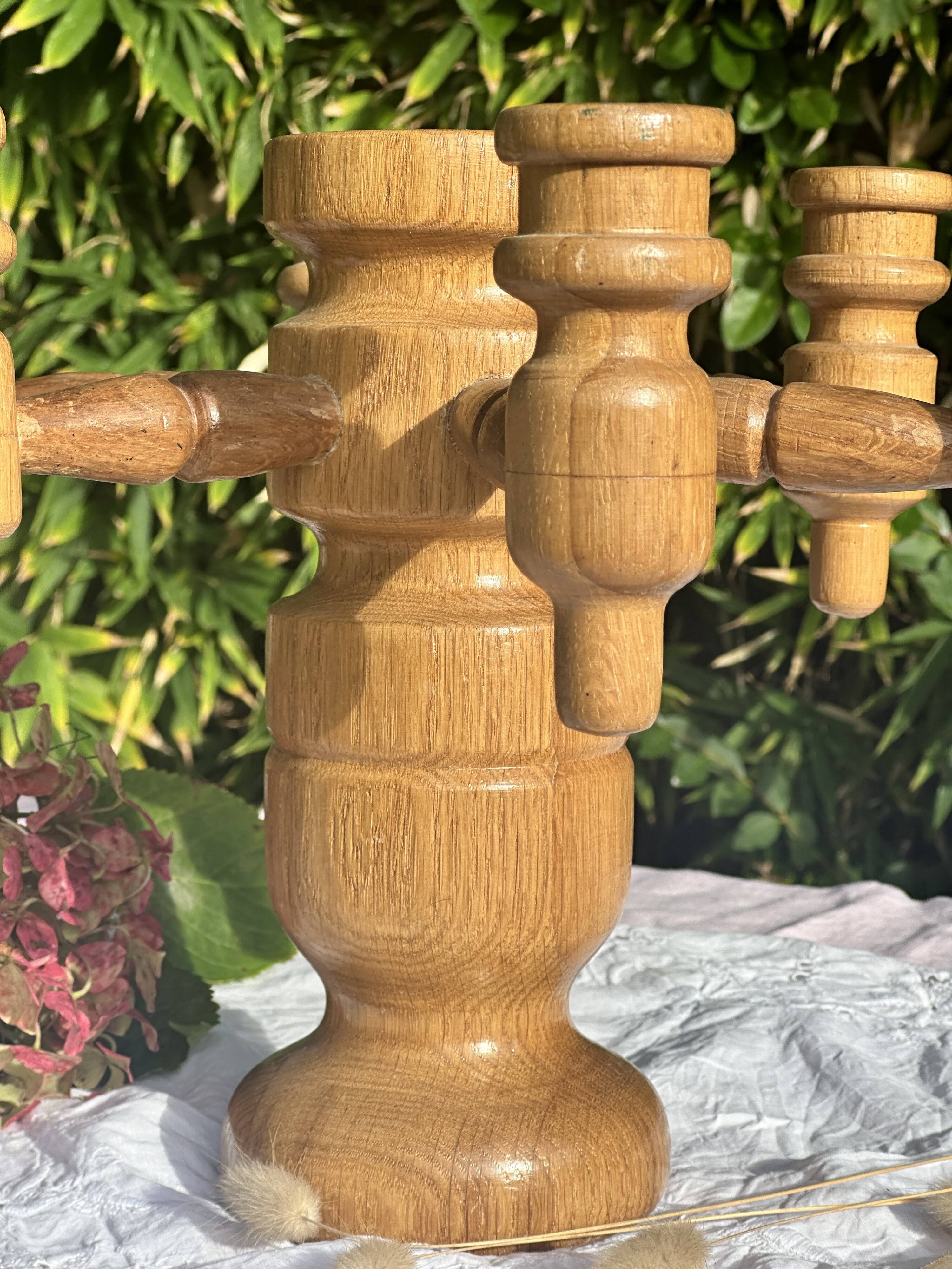 Vintage Scandinavian Candle Holder in Natural Wood, 60s Design - 7 Candles