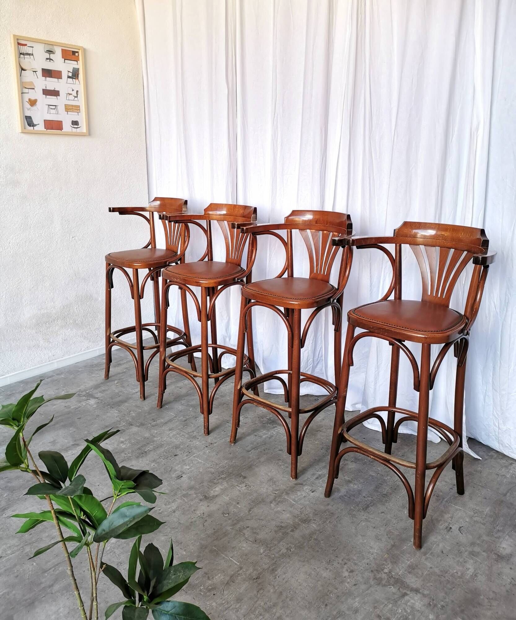 Set of 4 Vintage Bentwood Bar Stools, Brown Leather Seat, Nailhead Trim