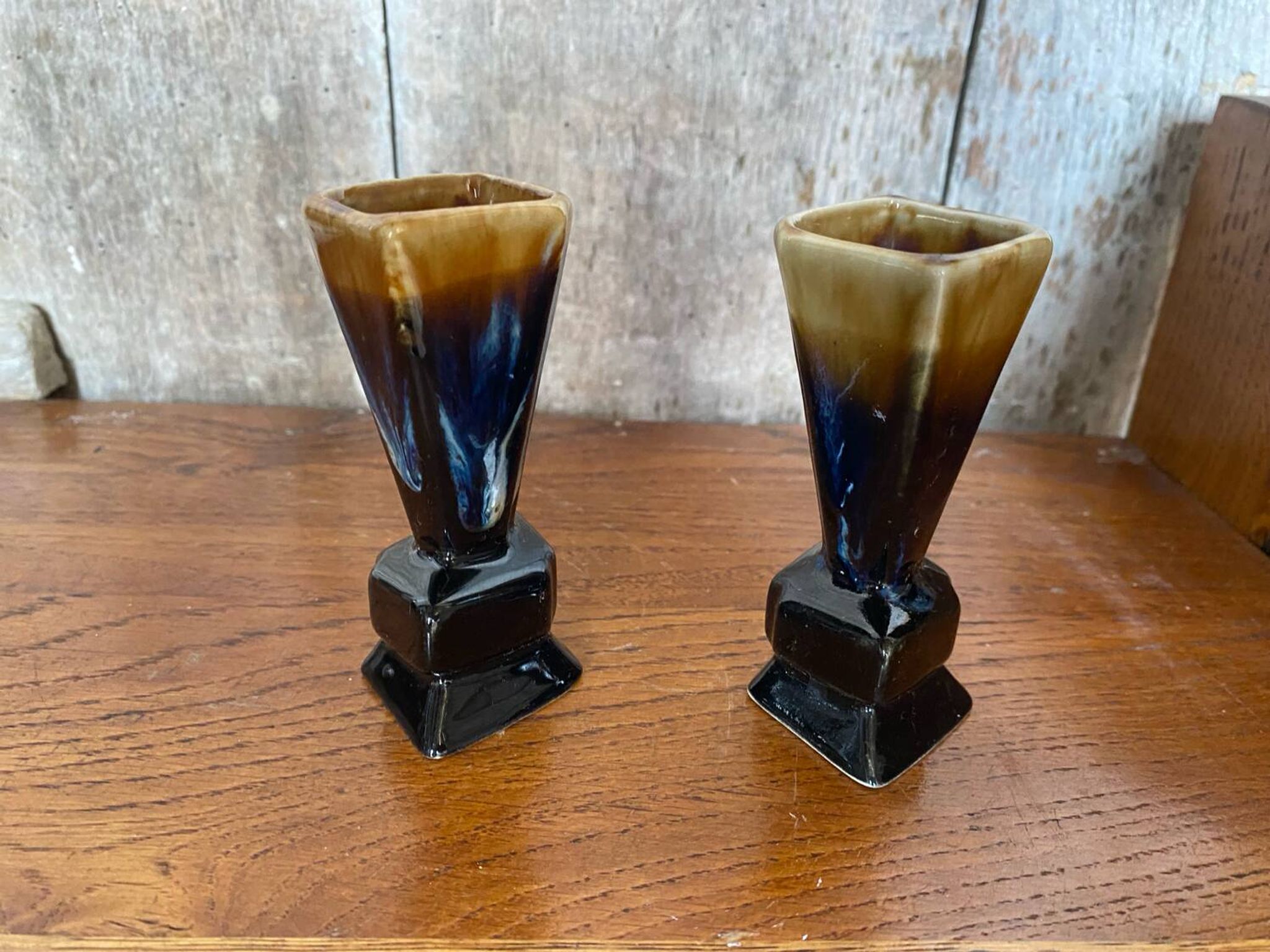 Pair of art deco flamed ceramic vases in black & beige vintage