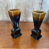 Pair of art deco flamed ceramic vases in black & beige vintage