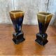 Pair of art deco flamed ceramic vases in black & beige vintage