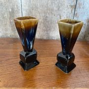 Pair of art deco flamed ceramic vases in black & beige vintage
